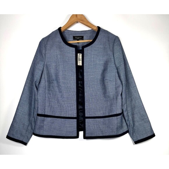 Talbots Blazer Womens 12P Blue Textured Open Front Contrast Trim Detail Jacket - Picture 1 of 13